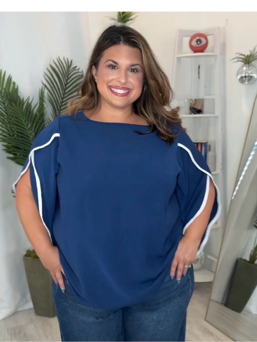 Plus Contrast Bell Sleeve Dark Sapphire Blouse